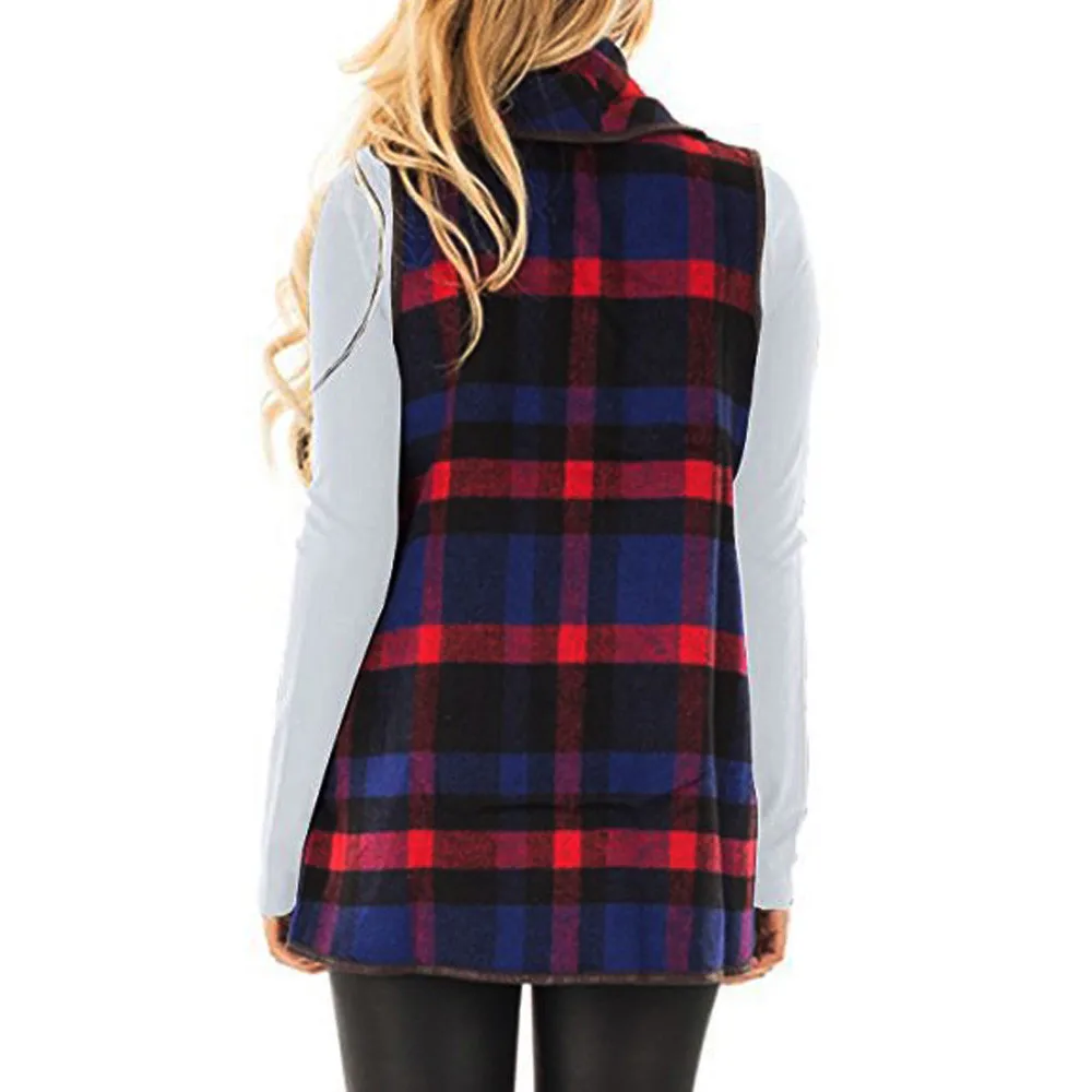 Autumn Womens Vest Plaid Sleeveless Lapel Open Front Cardigan Sherpa Jacket Pockets Coat
