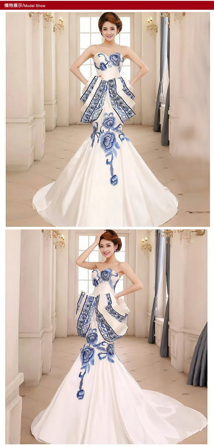 2016 синий и белый фарфор платье Роскошные Длинные Вечернее китайское традиционное свадебное Qipao Cheongsam Бесплатная доставка