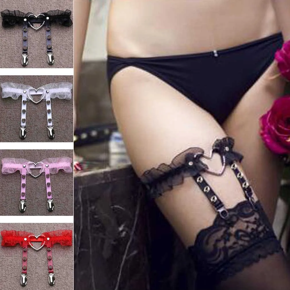 

Sexy Women Elastic Leather Leg Ring Garter Belt Punk Heart Rivet Thigh Ring Punk Goth Harajuku Leather Harness