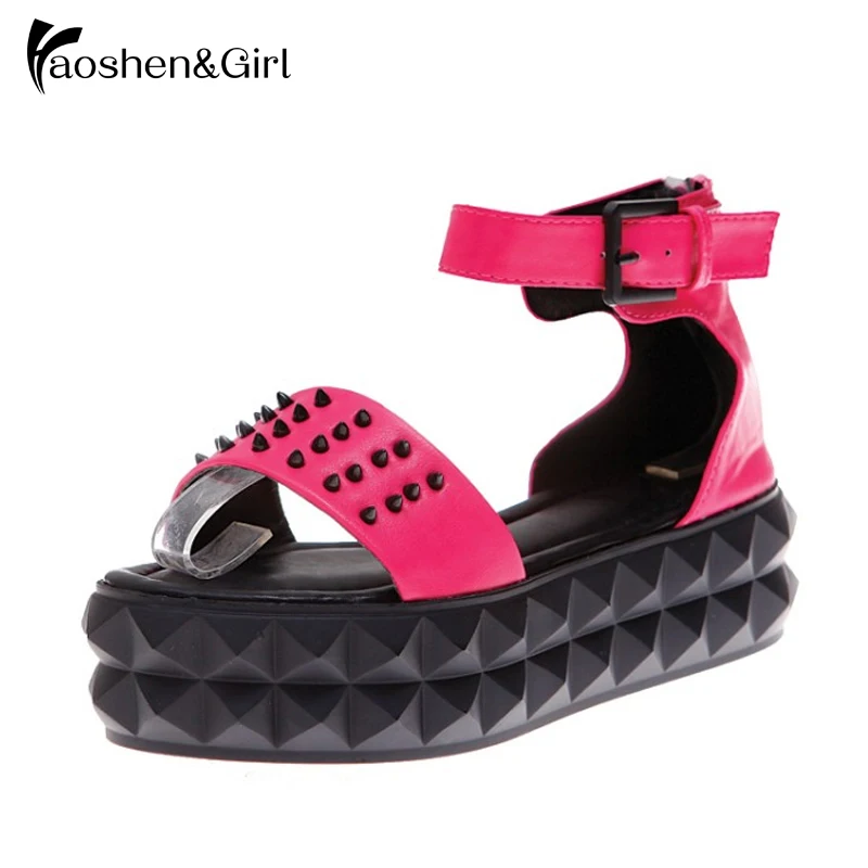 

Haoshen&Girl Women Fashion Shoes Thick Platform Sandals Leisure Punk Rivet Quality Woman Footwear Summer Wedge Buckle Bow Shoes