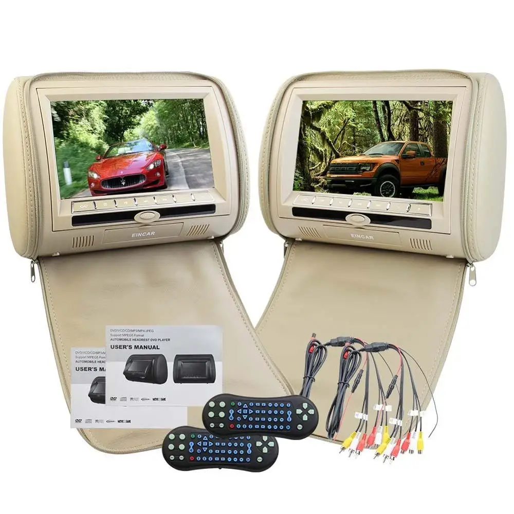 

Pair of 9"LCD Car video Headrest Pillow DVD player Car Monitors Built-in Speaker IR/FM transmitter USB/SD+Wireless IR Headphones