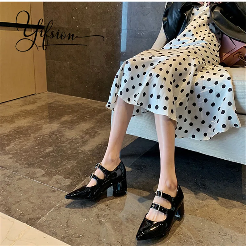 

YIFSION New Fashion Spring Summer Black Pink Women Pumps Shoes Pointed Toe Buckle Chunky Mid Heel Ladies Pumps Party Shoes Woman