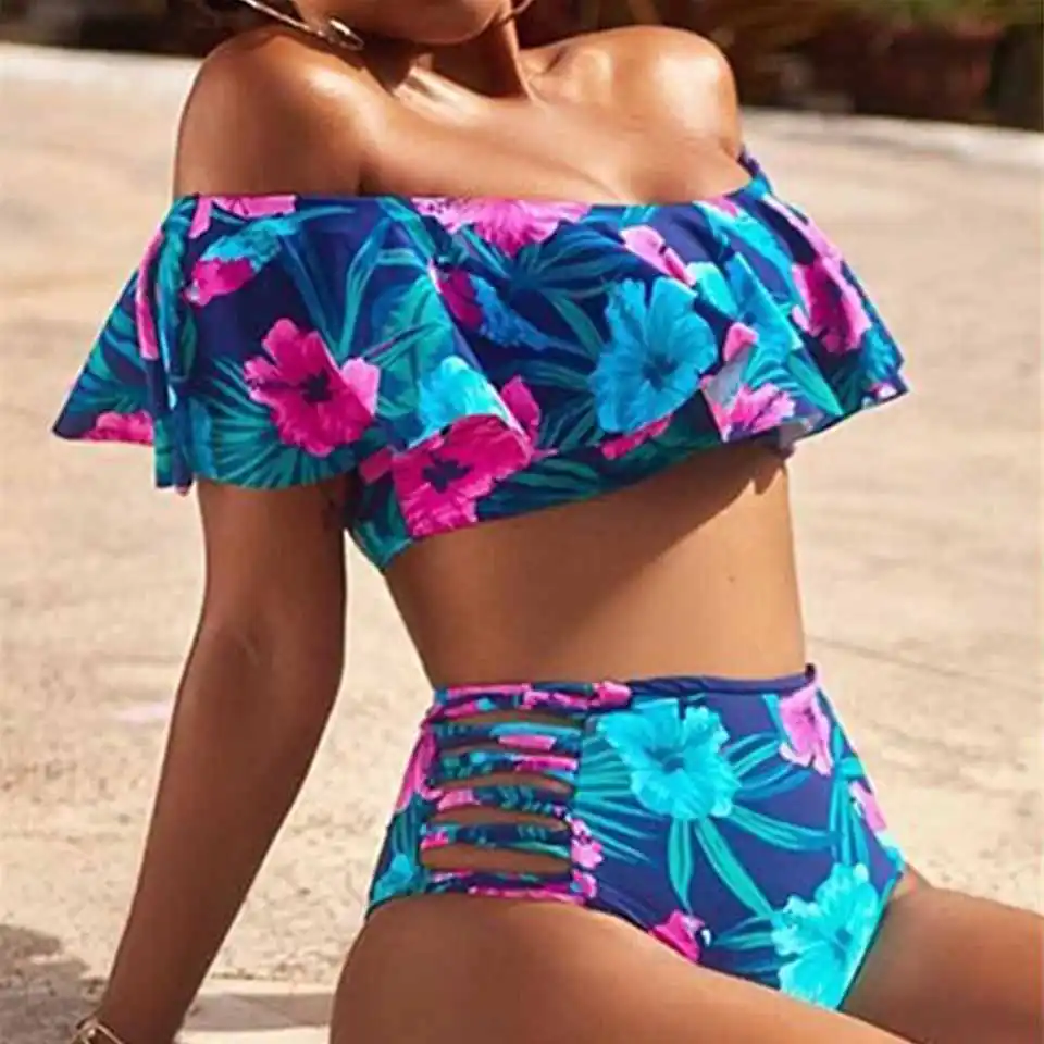 off the shoulder high waisted bathing suit