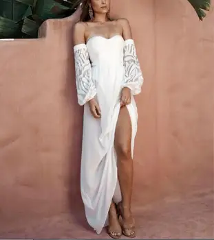 

Top Quality White Off THe Shoulder Pub Fashion Long Sleeve Winter Celebrity Elegant Low bosom Bodycon Bandage Long Dresses
