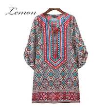 Lemon Новая Мода Многоцветный Женщины Mini Dress Lace-up V-образным Вырезом Three Четверти Рукав Прямо Dress Женщины Лук Свободные Casual Dress