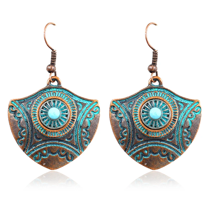 

Personality Shield shape Drop earrings Vintage bronze green totem Shield geometry earring BOHO chic Earrings For women bijoux