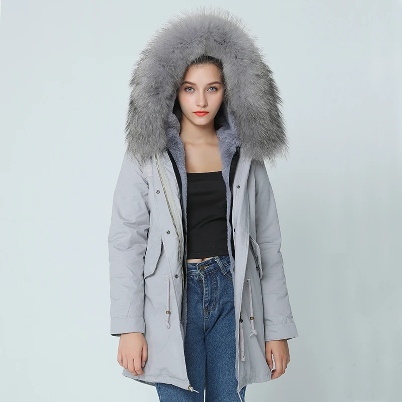 Женская куртка с капюшоном OFTBUY серая парка натуральным большим светло розовым