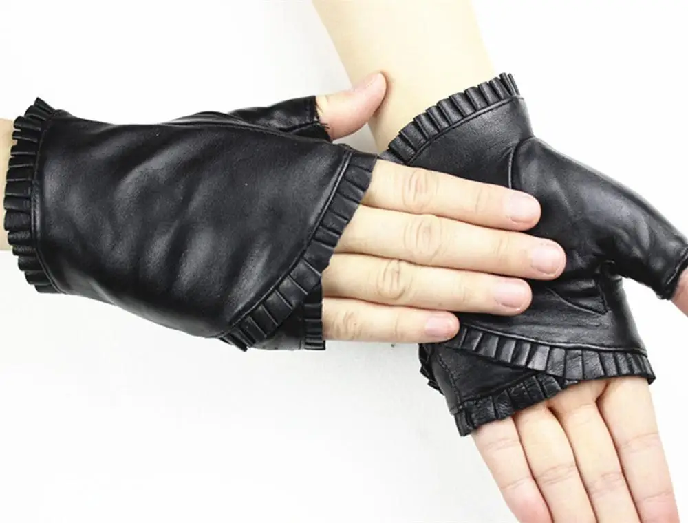 Женские кожаные перчатки без пальцев, сморщенные кружевные стильные полуостроконечные перчатки из овчины, спортивные перчатки для езды за рулем - Цвет: Velvet lining