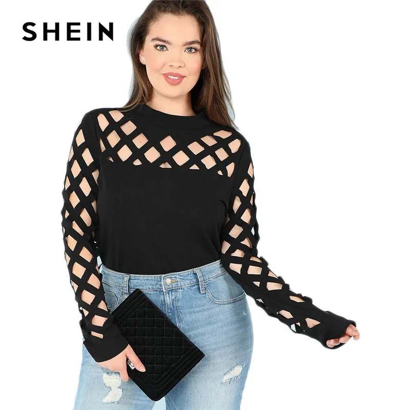 SHEIN Топ Размера Плюс С Вырезом Под Горло Женский Весенний Черный Элегантный