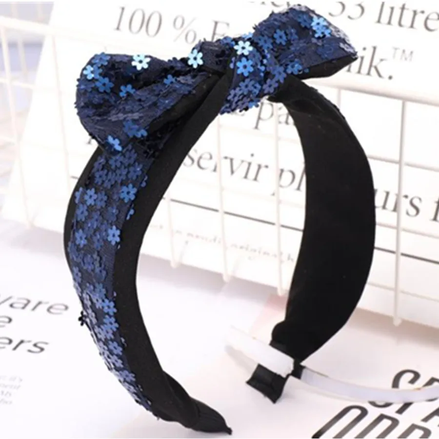 Wide Sequin Headband Women Navy Blue Sequin Bow Hair Headband Girls