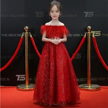 Children Girls Luxury Tassel Shoulderless Design Birthday Wedding Party Long Dress 2018 New Elegant Red Formal Pageant Dresses