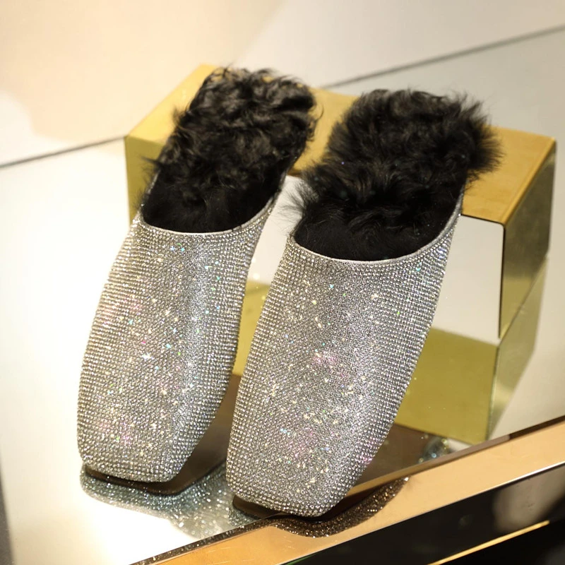 

2018 European American autumn winter genuine leather curly wool flats warm slippers square toe crystal rhinestone women shoes