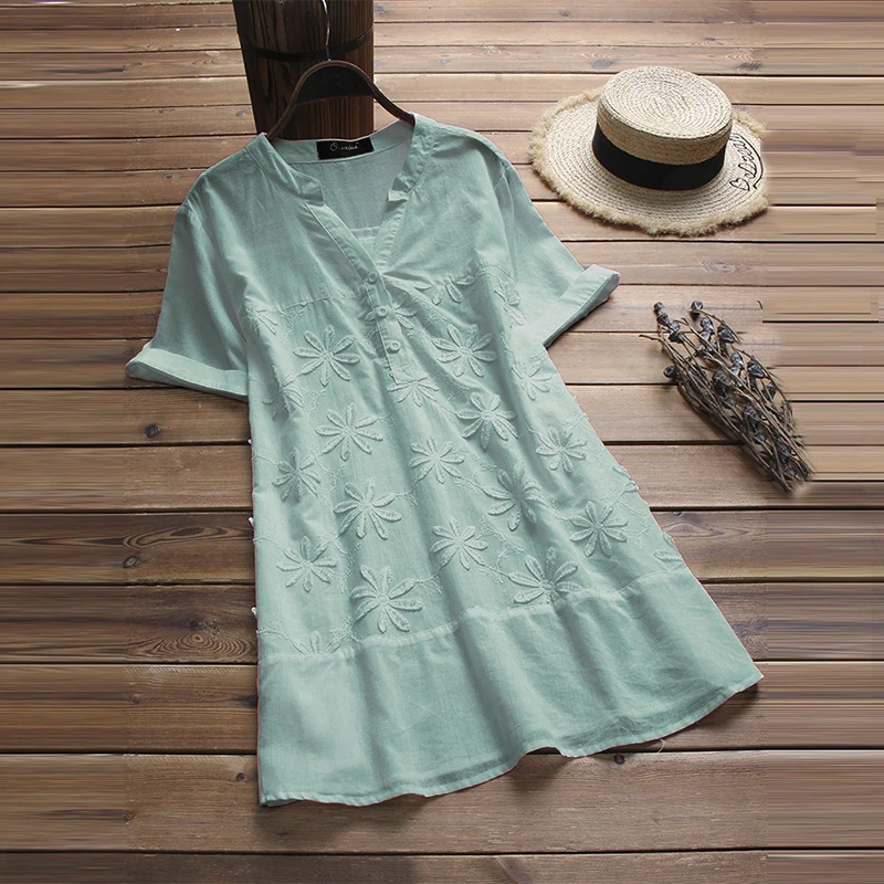 

Women Linen Blouse 2019 Summer Floral Embroidery Work Blusa Female Casual V Neck Short Sleeve Shirt Plus Size Vestido Feminina