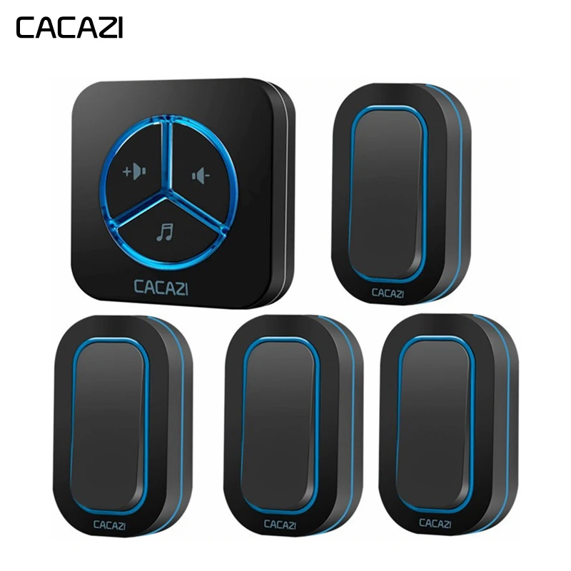 

CACAZI Wireless Waterproof Doorbell 4 Battery Button 1 Receiver 48 chimes 280M Remote Smart led light Home Cordless door bell