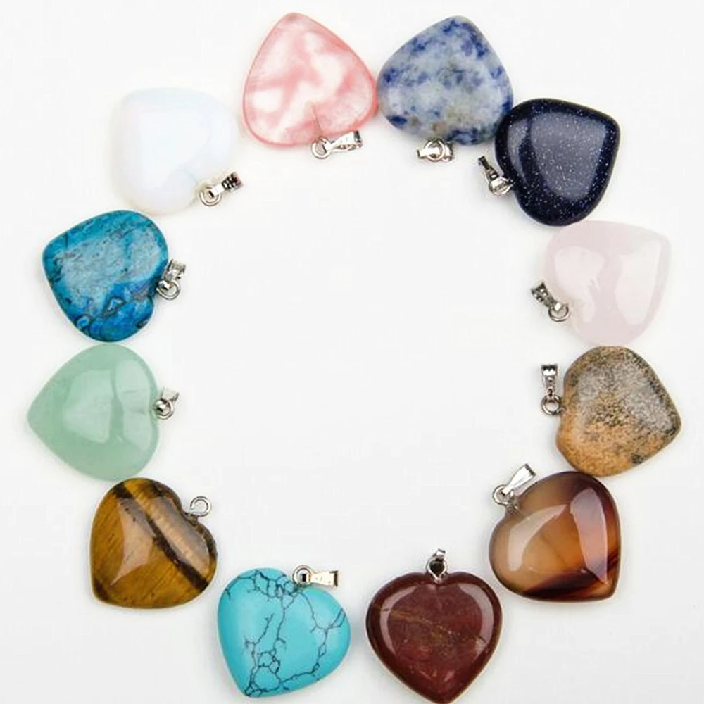 

Mixed 20mm natural stone crystal charm heart pendant High quality necklace production 5 pcs mix