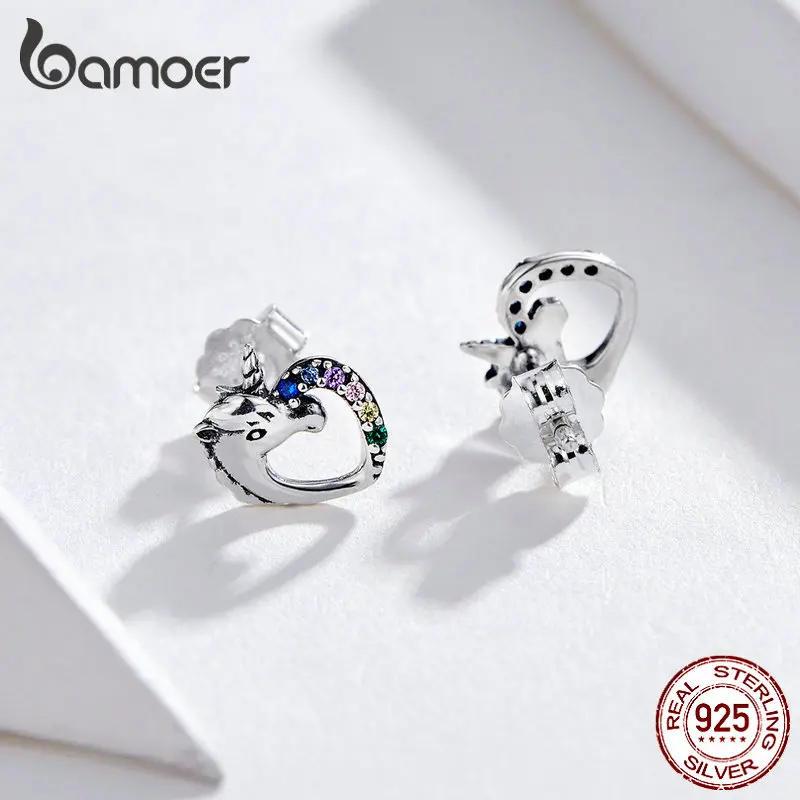 Серьги гвоздики BAMOER Lucky Licorne для девочек Разноцветные серьги с конским ухом 925