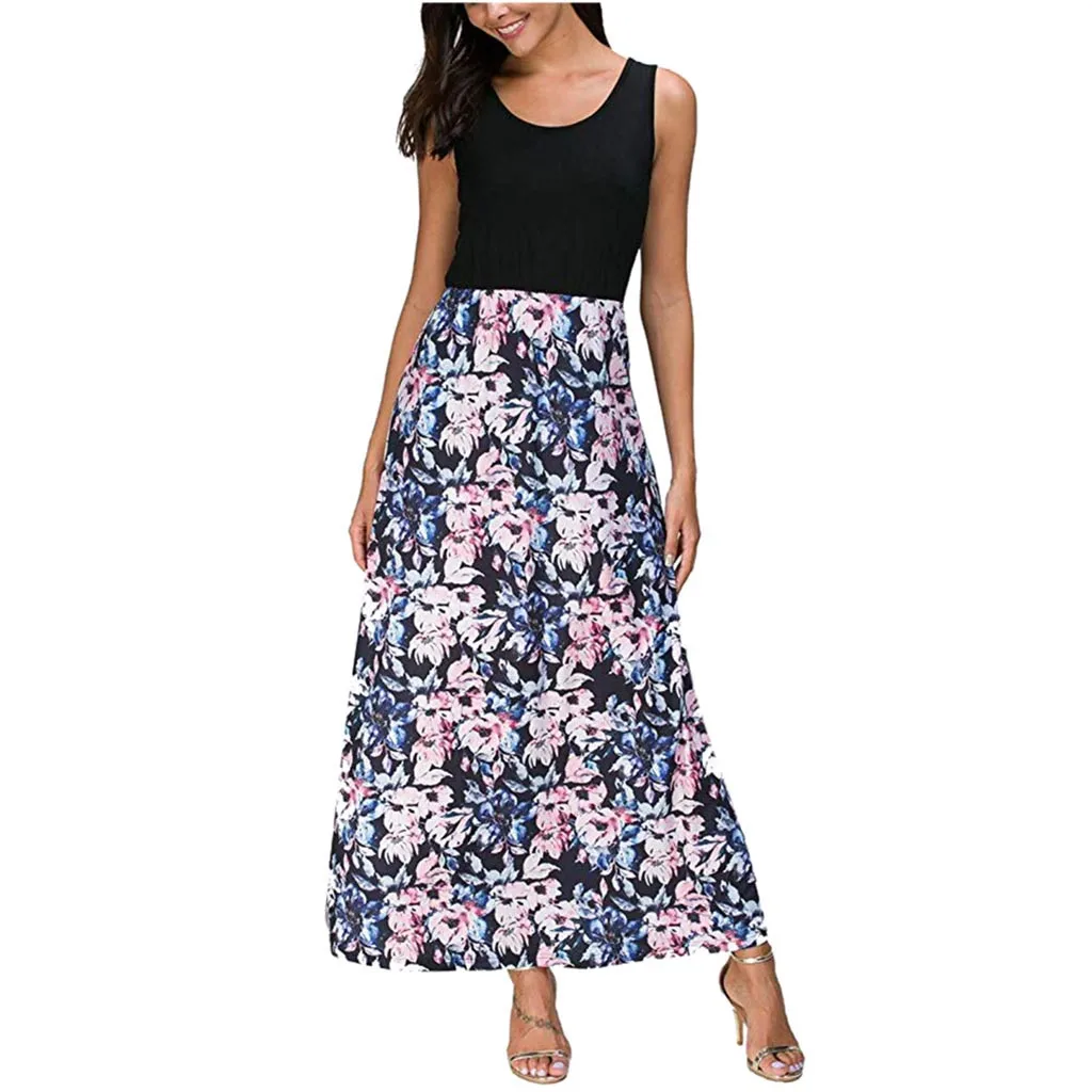 

Lady's Vintage Spring Summer Fashion Women's Casual Sleeveless Camisole O-neck Print Maxi Tank Long Dress