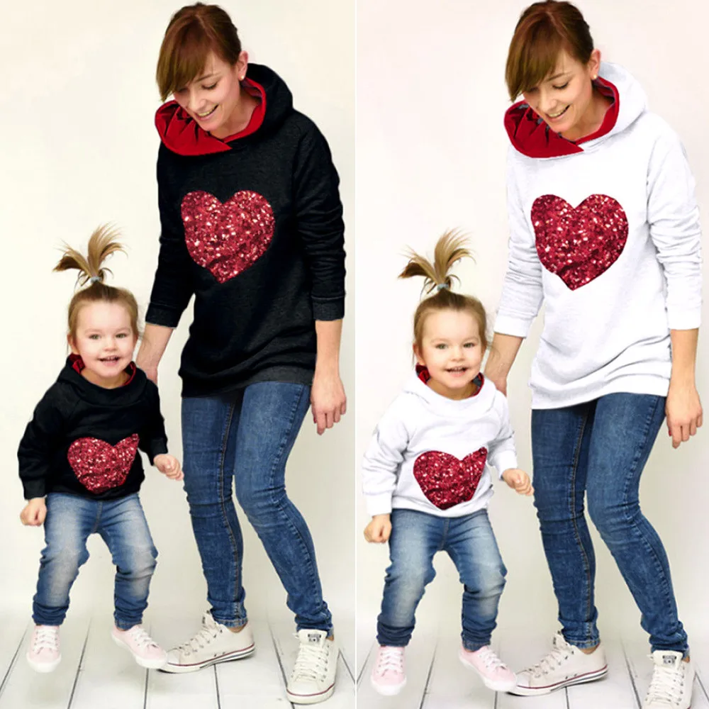 

MUQGEW Winter Mommy Me Children Clothes Long Sleeves Heart Type Hooded Sweatshirt Family Clothes
