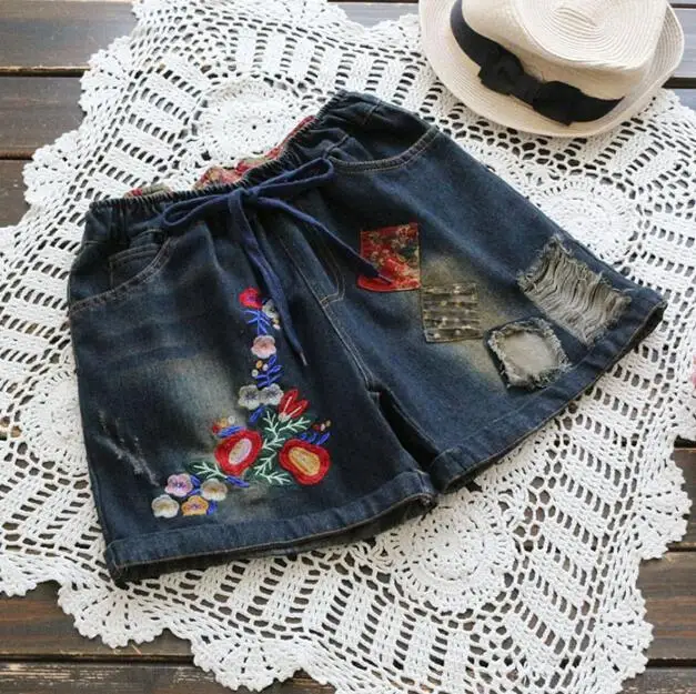 

hole vintage embroidery elastic waist Denim shorts jeans pants 2017 summer mori girl