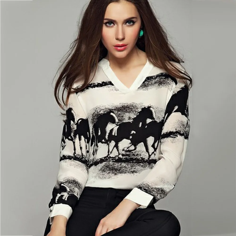 

Temperament V-neck Ink Horse Print Long-sleeved Shirt blusas mujer de moda 2018 womens tops and blouses