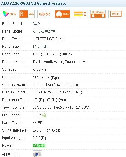 A116XW02 V0 11,6 дюймов промышленный ЖК-дисплей,& A+ Класс на