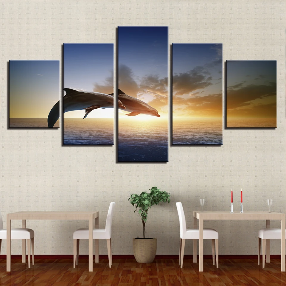 

Canvas Wall Art Pictures Living Room Decor 5 Pieces Jumping Dolphins Animal Paintings HD Prints Sunset Seascape Poster Framework