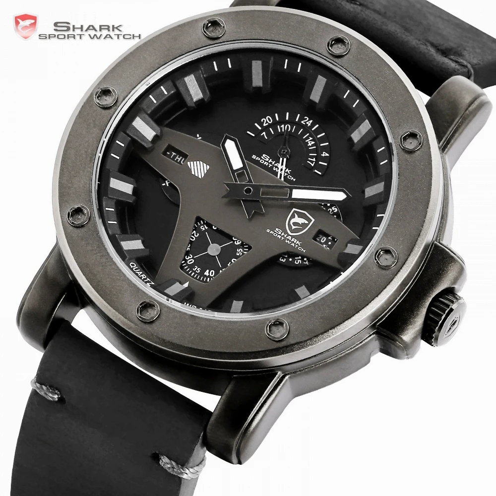 Гренландская Акула 2 серии спортивные часы Креативный дизайн Черная Дата Crazy Horse кожа кварцевые мужские часы Masculino Relogio/SH452