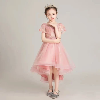 

Summer High-Grade Children Girls Sequined Pink Birthday Wedding Party Front Short Back Long Dress Kids Host Piano Costumes Dress