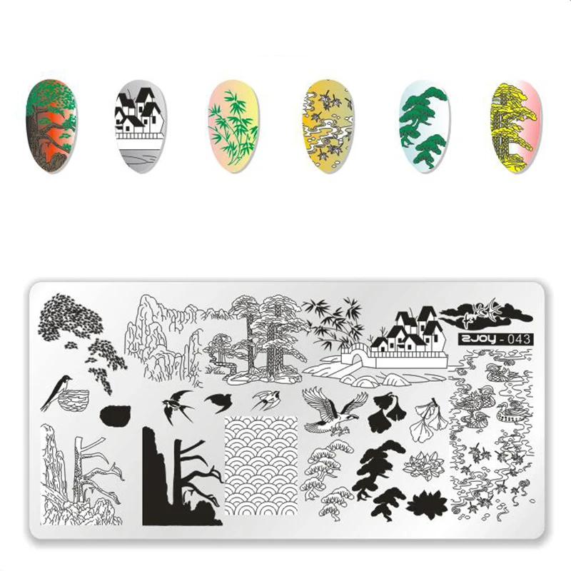 

Zjoy Series Nail Art Stamping Plates China Style wave Wild Crane Gazebo Dice Bamboo Series Nail Art Stamp Template DIY Manicure