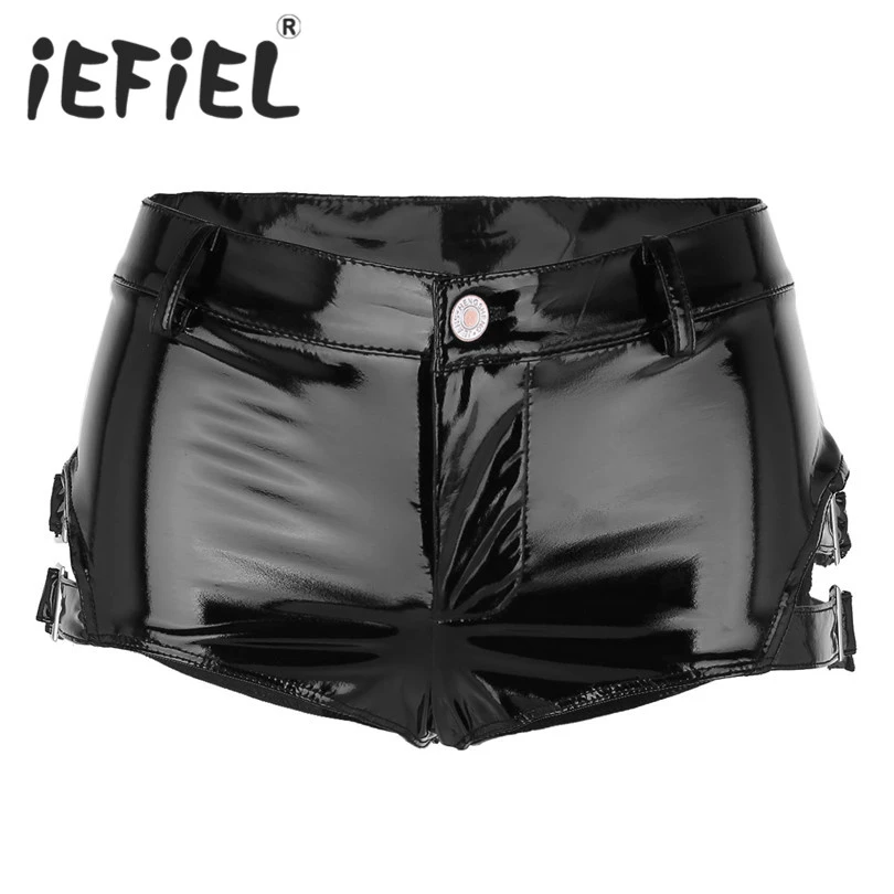 iEFiEL Fashion Women Shorts Wet Look Patent Leather Low Rise Clubwear Mini Shorts Hot Shorts with Buckles Nightwear Clothes women's fashion