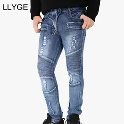 LLYGE джинсы весенние мужские синие джинсы на молнии Slim Fit 2019 хип хоп осенние мужские Плиссированные мото-байкерские джинсы прямая Доставка