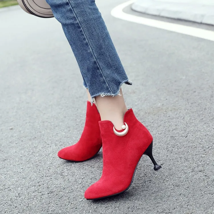 

Big Size 11 12 13 14 15 Ma'am Short boots Pure color Metal decoration Pointed Boot barrel High heel boots