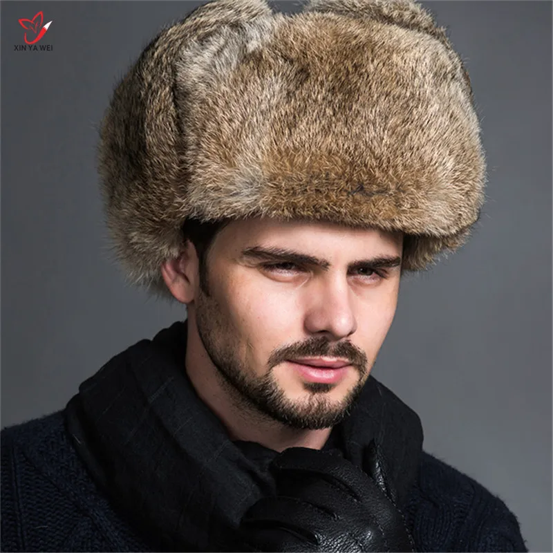 

Free Shipping 2018 Real Rabbit Fur Fashion Winter Warm Hat Thermal Men Bomber Hat Chic Russia Ski Windproof Earflap Cap Men Hats
