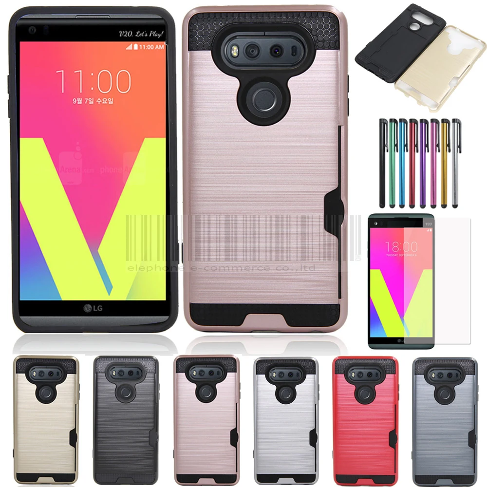 

For LG V20 Case Hybrid Armor Hard Impact Aluminum Plated Slot Brush Card Holder Shockproof Silicone TPU & PC Skin Back Covers @