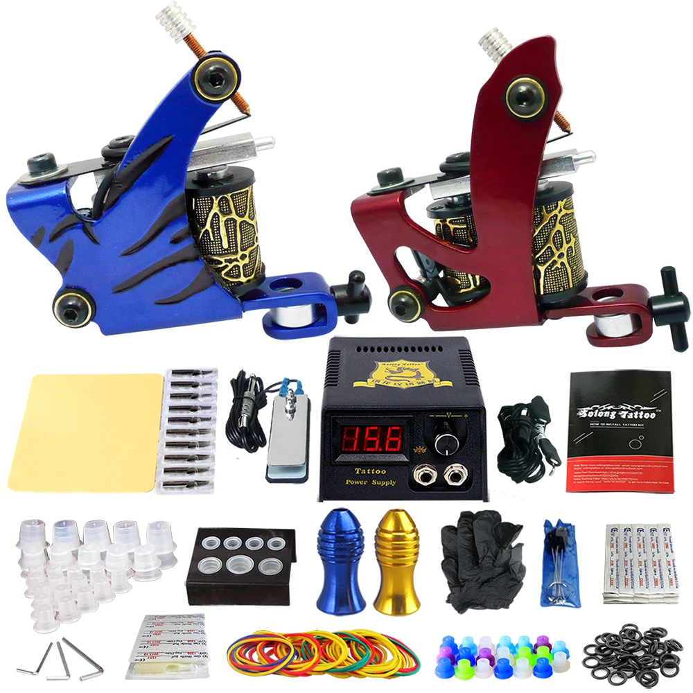 

Solong Tattoo Complete 2 Coil Tattoo Machine Kit Power Supply Foot Swich Pedal Needles Set TK202-4
