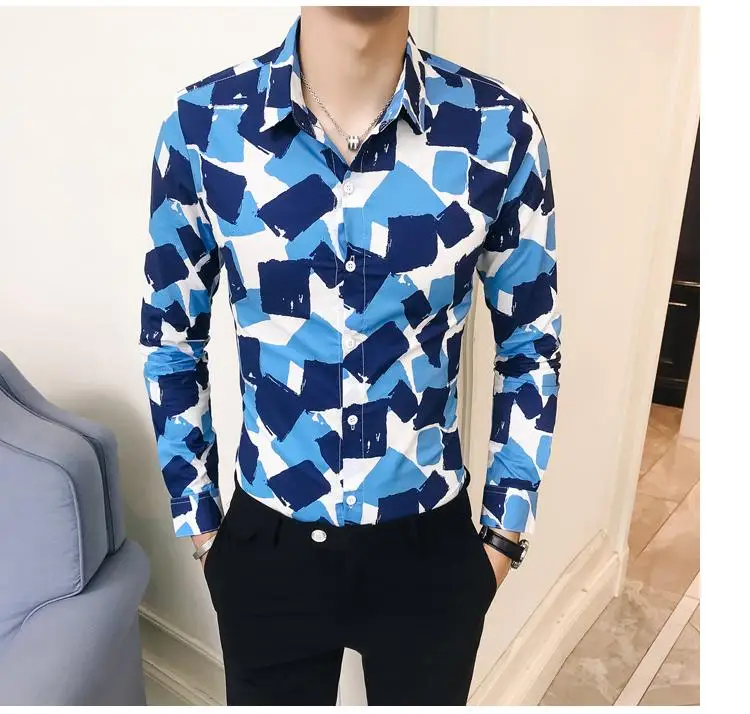 

Long-sleeved Shirt Men Floral Blouse Men Color blocks Flower New model Shirts Fashion