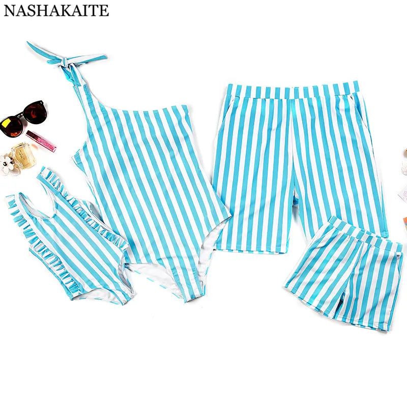 

NASHAKAITE Family Swimsuits Blue Stripe One Shoulder Swimsuit Mom and Daughter Matching Swimsuit Beach Shorts Men Boys