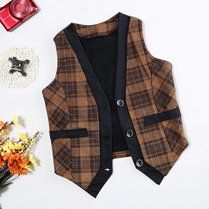 Kids Boys Vests Brushed Fleece Waistcoats British Plaid Baby Boys