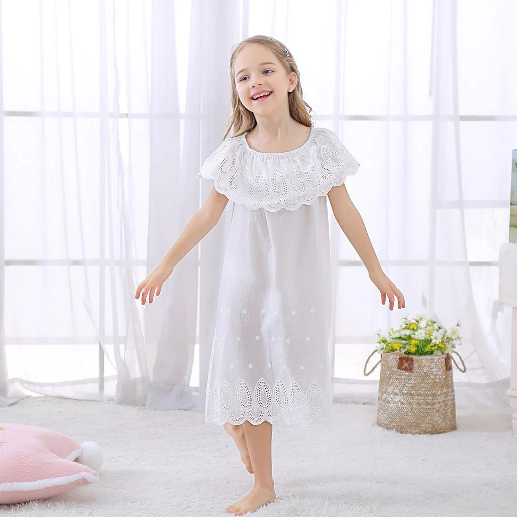 Verão de Manga Vestido para Meninas Curta Bordado Rendas Meninas Princesa Noite Algodão Branco Pijamas Vestido 2020 5 Mamãe e Bebê