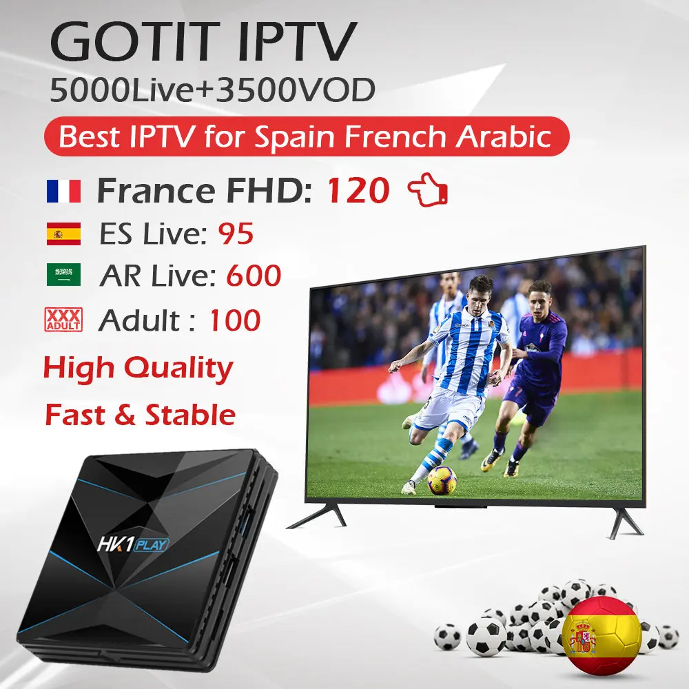 HK1 Play Android 9,0 tv Box Amlogic S905X2 Четырехъядерный 4G/64G 2,4G Wifi HDMI 2,1+ 1 год бесплатно для взрослых Live Франция Арабский испанский IP tv
