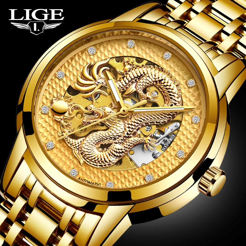 

Dragon Skeleton Automatic Mechanical Watches For Men Wrist Watch Stainless Steel Strap Gold Clock 30m Waterproof Mens watch+box