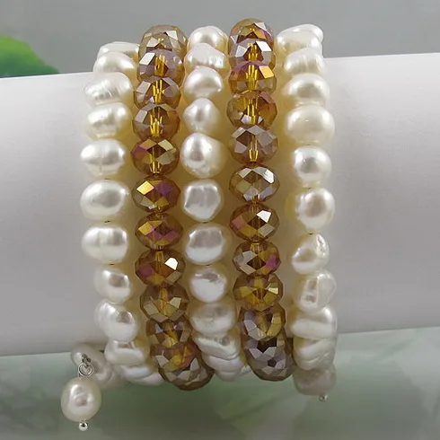 

Natural Pearl Crystal Bracelet,AA 8-9MM 5Rows White Freshwater Pearl Gold Crystal Jewellery Wedding Birthday Lady's Gift