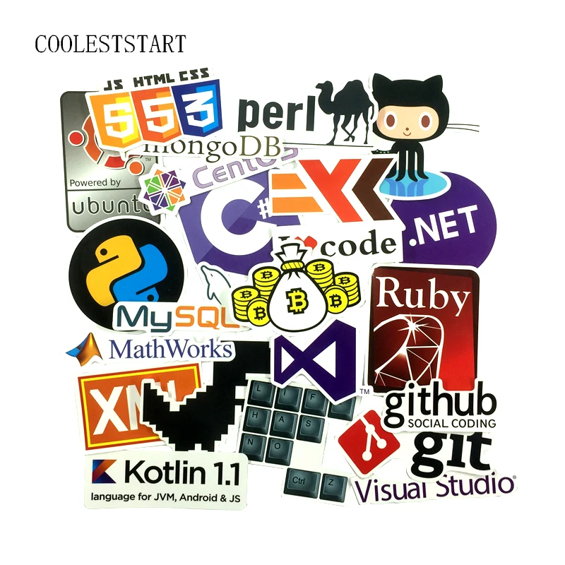 23 Pcs Internet Programming Java JS Php Html Cloud Docker Bitcoin Language APP Logo Cool Stickers for Laptop Car Phone Stickers