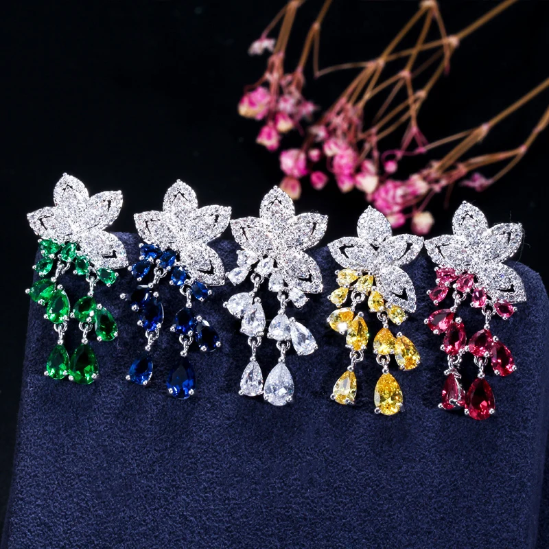 CWWZircons 2020 New Arrival Cubic Zirconia Tassel Drop Flower Earrings and Pendant Necklace Fashion Ladies Jewelry Sets T334