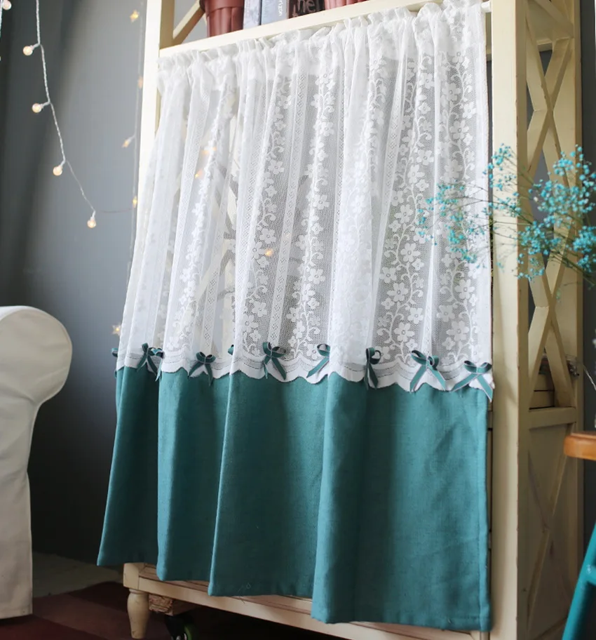 Pastoral Peacock Blue Lace Bow Window Half Curtain Rod Pocket