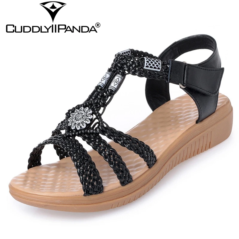 

CuddlyIIPanda 2018 Summer Plus Size Buckle Strap Women Wedge Sandals Embossing Flowers Beading Weave Gladiator Sandalias Mujer