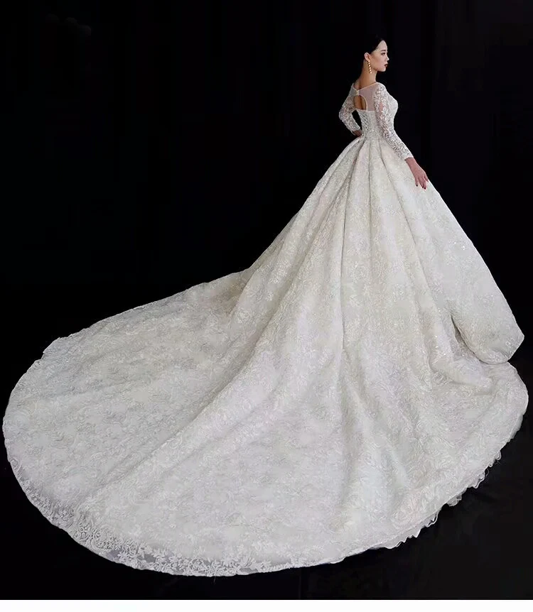 Высококачественные кружевные вечерние, свадебные платья, платья для женщин, жемчужный корсет принцессы с длинными рукавами Тонкий Вырез, свадебные платья