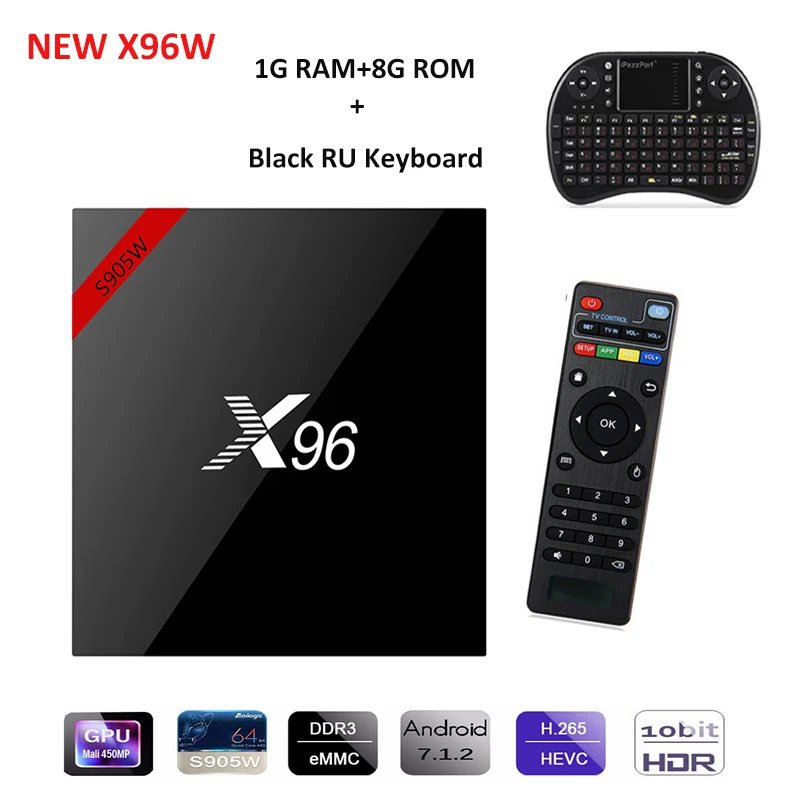 Bluetooth X96 X96W Смарт Android ТВ Box Android 7,1 Bluetooth коробка ТВ Amlogic S905W Процессор 1G 8G 2G/16G 2,4 ГГц Wi-Fi HD 4 K H265 - Цвет: 1G 8G RU  Key  Black