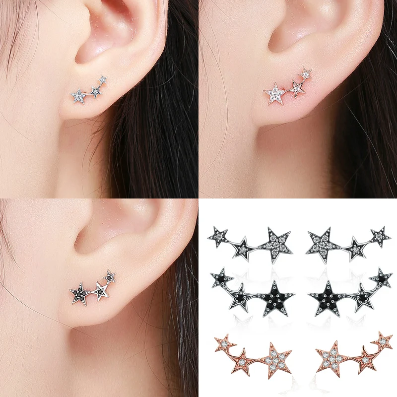 925 Sterling Silver Korean Feather Rose Flower Star Plane Cuff Stud Earrings for Women Fashion Women Earrings 2018 brincos s925 - Image 6