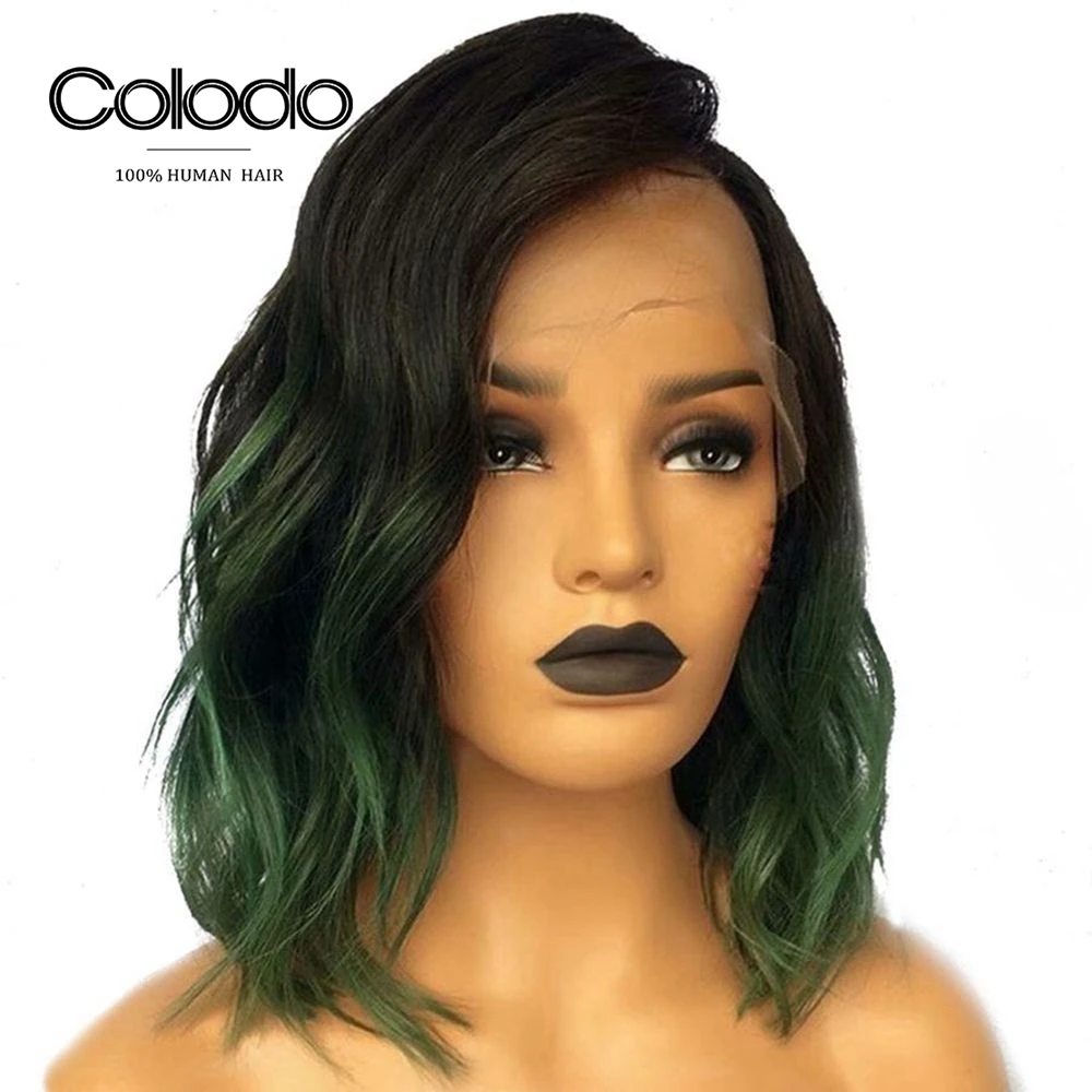 

COLODO 150% Density Green Wig Human Hair Bob Lace Front Wigs For Women Brazilian Remy Ombre Purple Wig With Pre Plucked Hairline